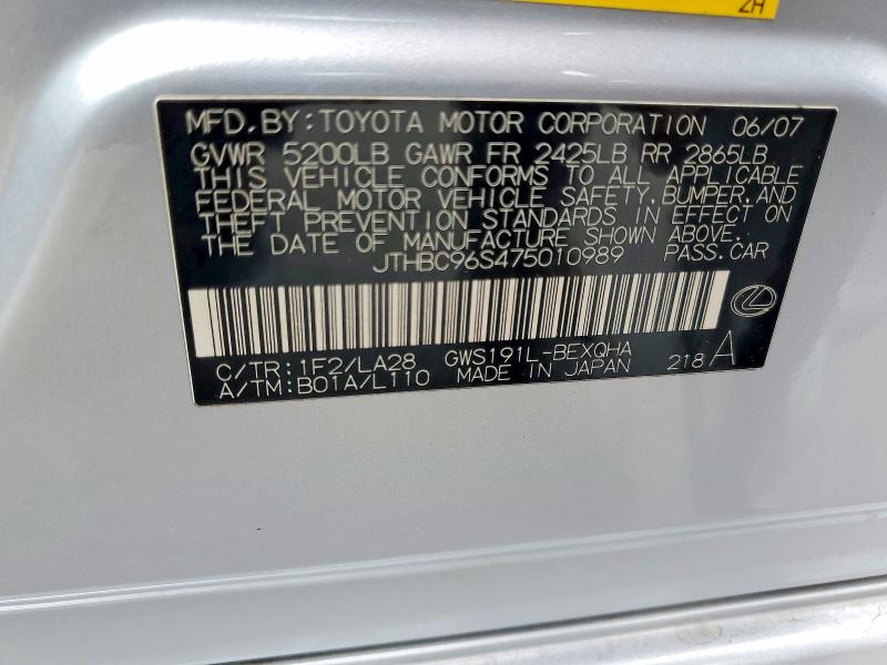 Aukcja sprzedaży 2007 Lexus Gs, vin: JTHBC96S475010989, numer aukcji: 50431996