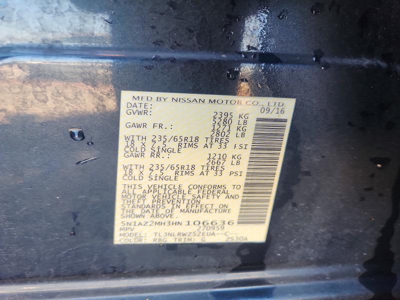 Aukcja sprzedaży 2017 Nissan Murano, vin: 5N1AZ2MH3HN106636, numer aukcji: 50576926