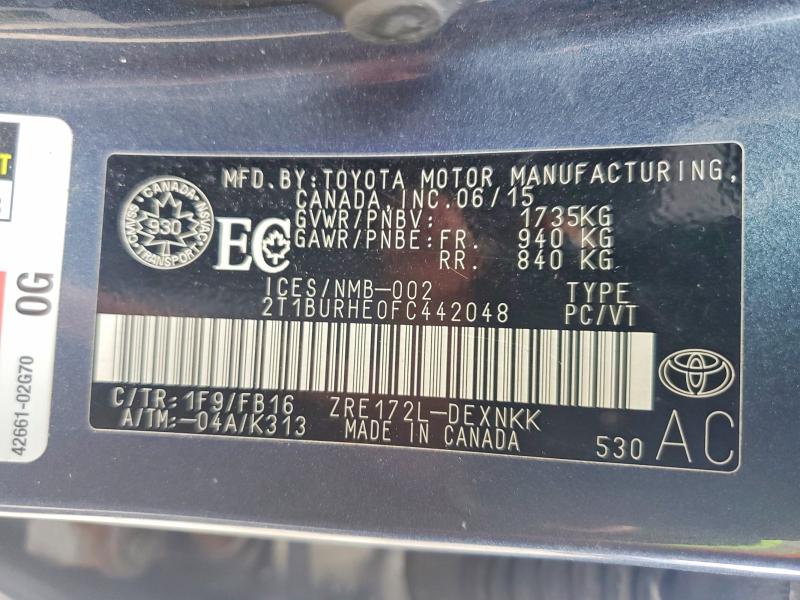 Продаж на аукціоні авто 2015 Toyota Corolla, vin: 2T1BURHE0FC442048, номер лоту: 51480106