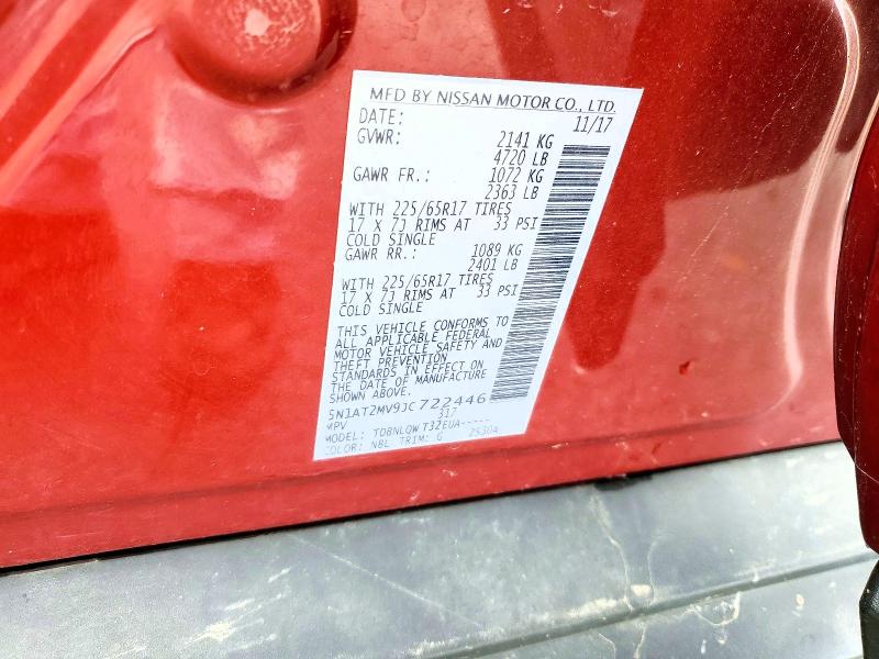 51516896 :رقم المزاد ، 5N1AT2MV9JC722446 vin ، 2018 Nissan Rogue مزاد بيع