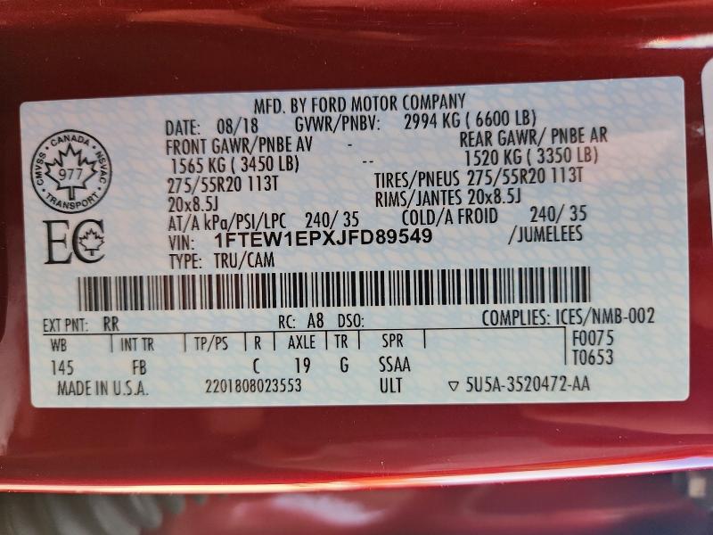 50783016 :رقم المزاد ، 1FTEW1EPXJFD89549 vin ، 2018 Ford F150 مزاد بيع