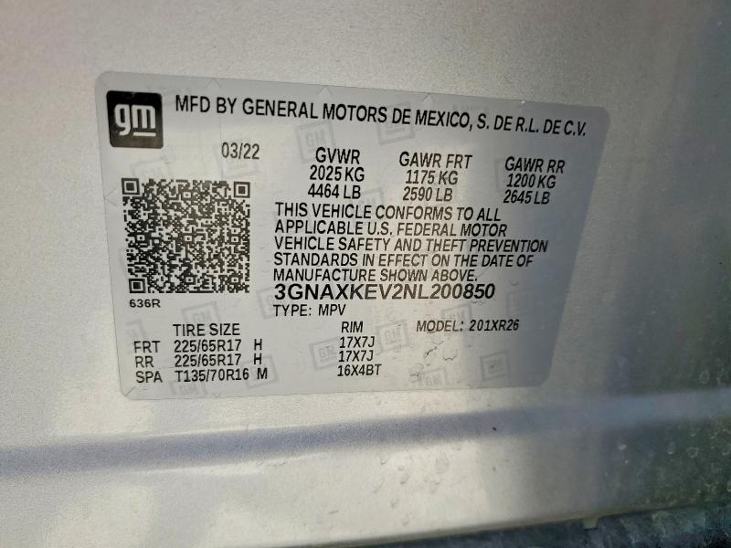 Aukcja sprzedaży 2022 Chevrolet Equinox, vin: 3GNAXKEV2NL200850, numer aukcji: 50588106