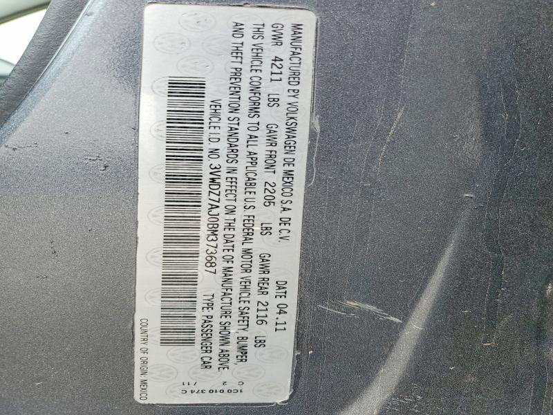 2011 Volkswagen Jetta მანქანა იყიდება აუქციონზე, vin: 3VWDZ7AJ0BM373687, აუქციონის ნომერი: 49939306