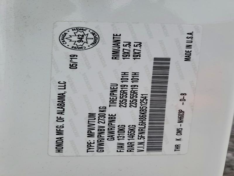 51622716 :رقم المزاد ، 5FNRL6H86KB512541 vin ، 2019 Honda Odyssey مزاد بيع