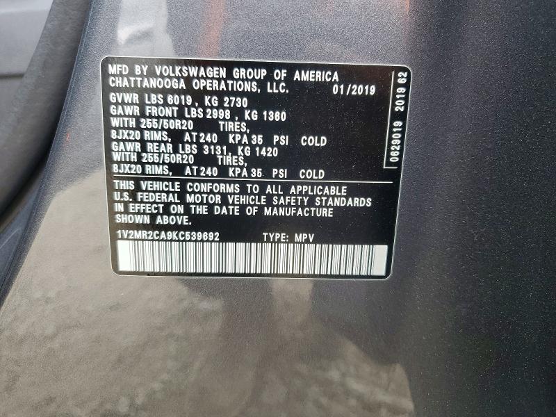48158696 :رقم المزاد ، 1V2MR2CA9KC539692 vin ، 2019 Volkswagen Atlas مزاد بيع