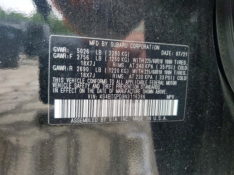 2022 Subaru Outback მანქანა იყიდება აუქციონზე, vin: 4S4BTGPD9N3116266, აუქციონის ნომერი: 51415896