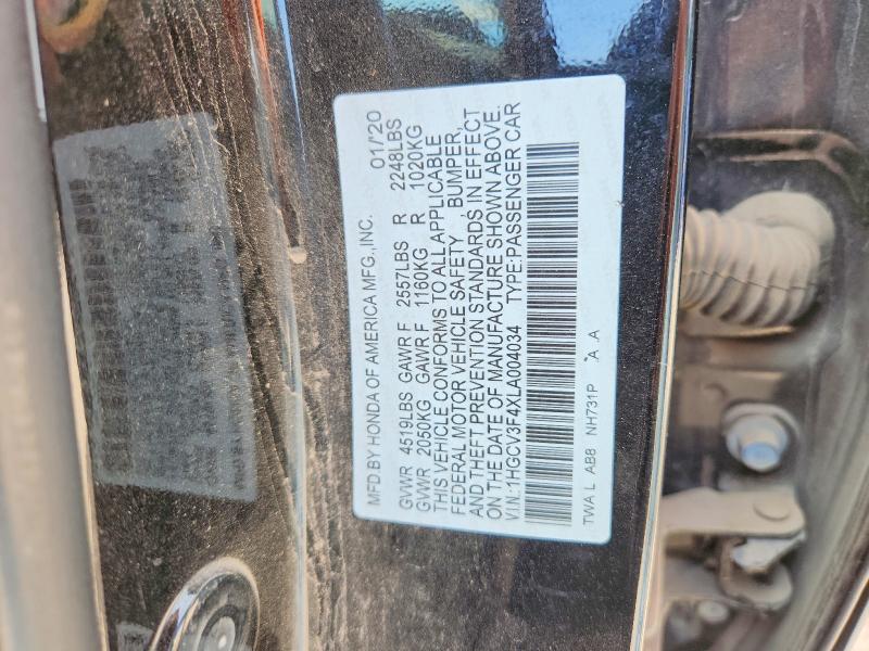 2020 Honda Accord მანქანა იყიდება აუქციონზე, vin: 1HGCV3F4XLA004034, აუქციონის ნომერი: 50647506