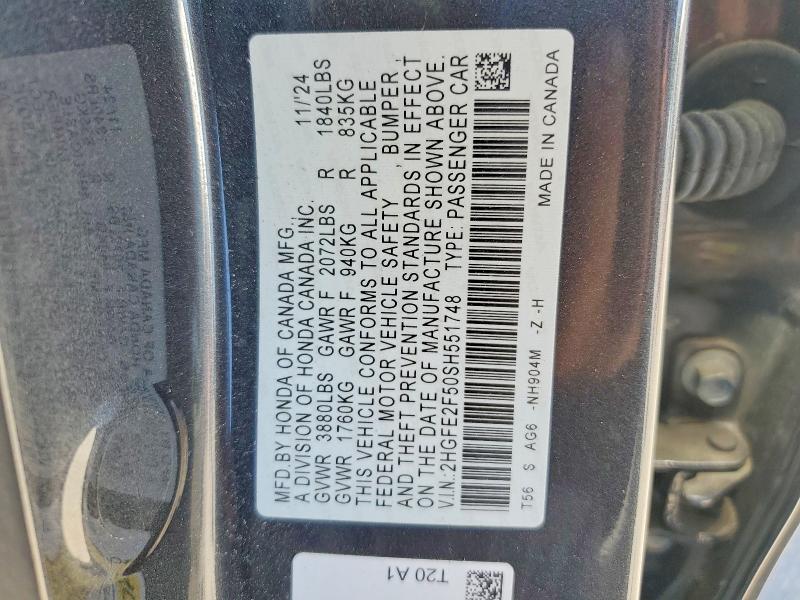 Продаж на аукціоні авто 2025 Honda Civic, vin: 2HGFE2F50SH551748, номер лоту: 49646546