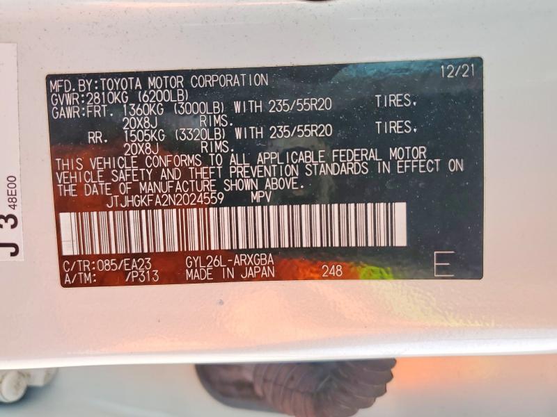 2022 Lexus Rx 450hl მანქანა იყიდება აუქციონზე, vin: JTJHGKFA2N2024559, აუქციონის ნომერი: 48616796