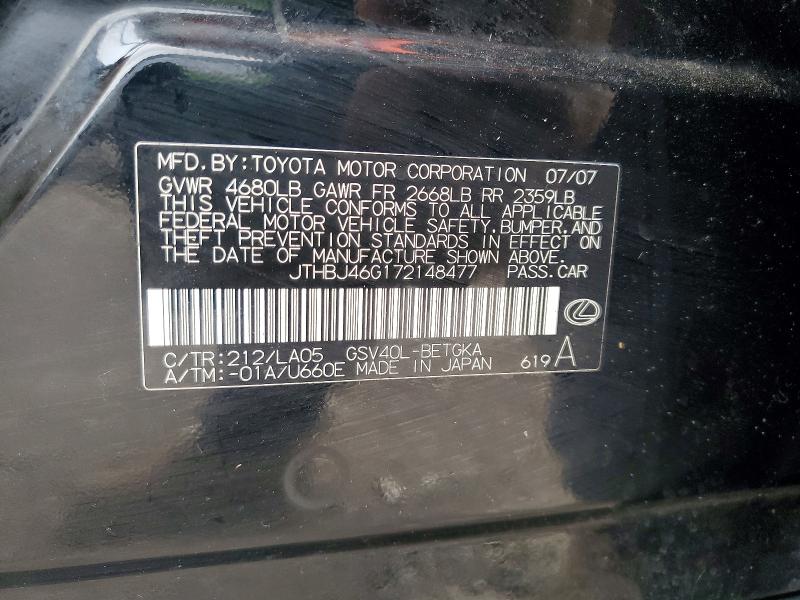 Aukcja sprzedaży 2007 Lexus Es, vin: JTHBJ46G172148477, numer aukcji: 51602336