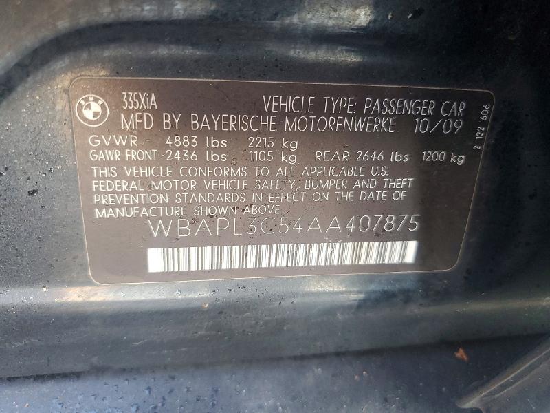 47184616 :رقم المزاد ، WBAPL3C54AA407875 vin ، 2010 Bmw 335 مزاد بيع