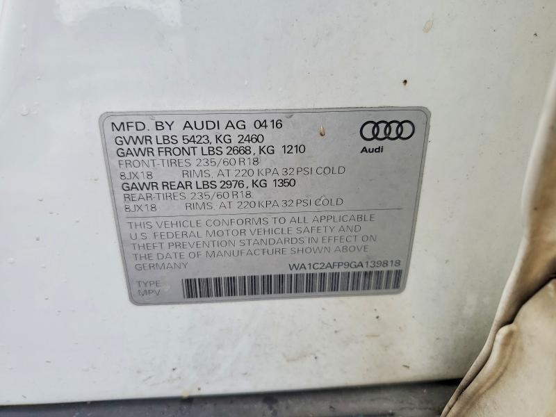 Продаж на аукціоні авто 2016 Audi Q5, vin: WA1C2AFP9GA139818, номер лоту: 49942196
