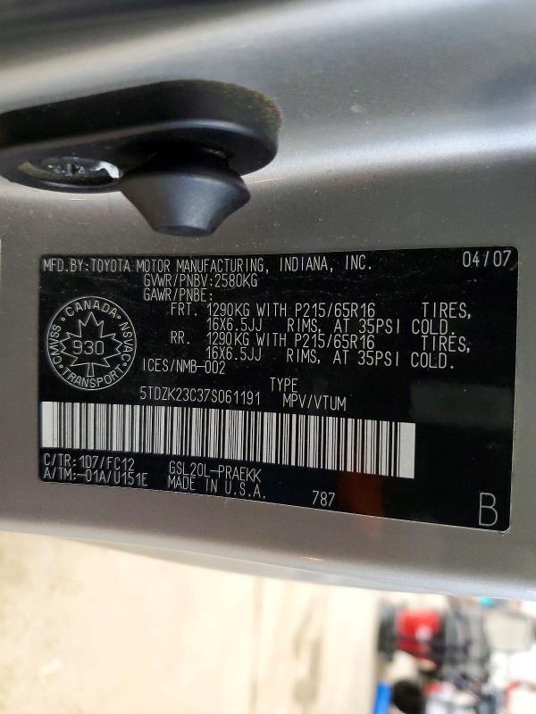 Продажа на аукционе авто 2007 Toyota Sienna, vin: 5TDZK23C37S061191, номер лота: 49892336