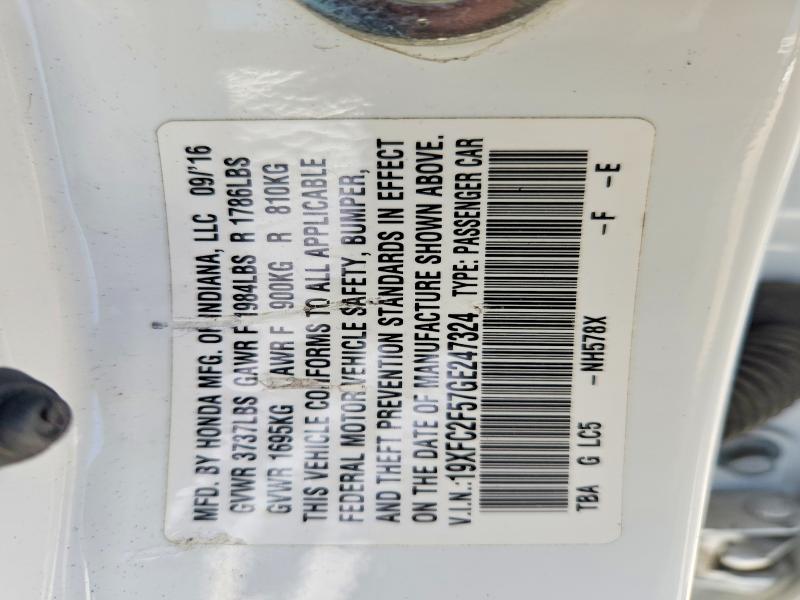 Продажа на аукционе авто 2016 Honda Civic, vin: 19XFC2F57GE247324, номер лота: 50299506