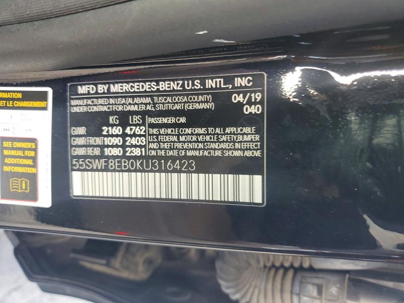 49146646 :رقم المزاد ، 55SWF8EB0KU316423 vin ، 2019 Mercedes-benz C مزاد بيع