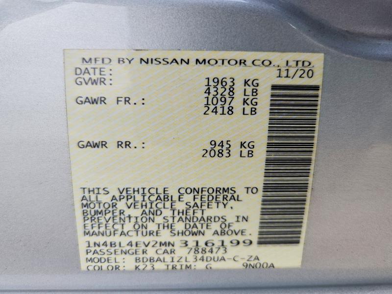 2021 Nissan Altima მანქანა იყიდება აუქციონზე, vin: 1N4BL4EV2MN316199, აუქციონის ნომერი: 50618796