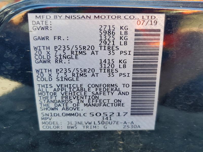 Aukcja sprzedaży 2020 Infiniti Qx60, vin: 5N1DL0MM0LC505217, numer aukcji: 49896376