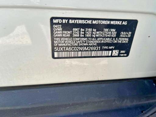 2022 Bmw X5 მანქანა იყიდება აუქციონზე, vin: 5UXTA6C02N9M26931, აუქციონის ნომერი: 49341766