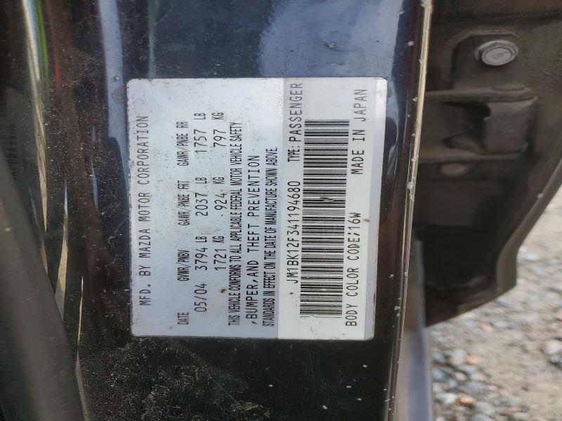2004 Mazda 3 მანქანა იყიდება აუქციონზე, vin: JM1BK12F341194680, აუქციონის ნომერი: 49576266