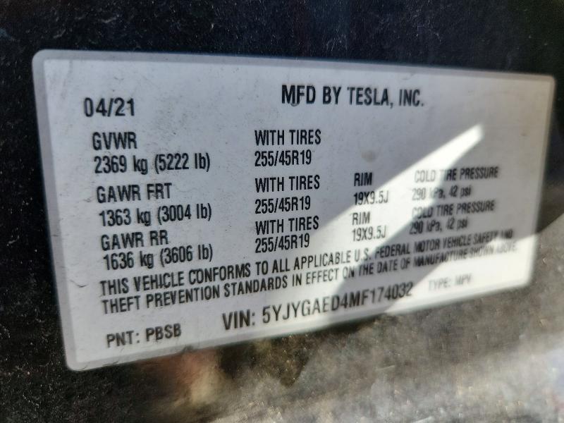 Aukcja sprzedaży 2021 Tesla Model Y, vin: 5YJYGAED4MF174032, numer aukcji: 49950076