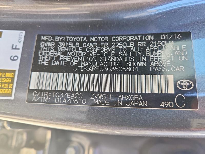Aukcja sprzedaży 2016 Toyota Prius, vin: JTDKARFU3G3505804, numer aukcji: 52003056