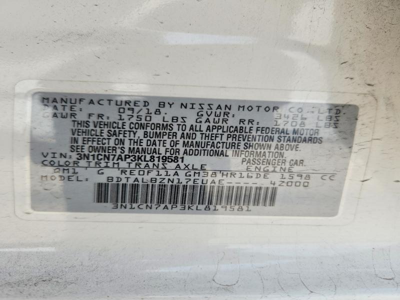 49498686 :رقم المزاد ، 3N1CN7AP3KL819581 vin ، 2019 Nissan Versa مزاد بيع