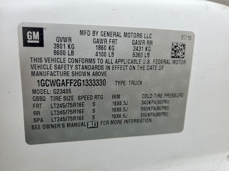 2016 Chevrolet Express G2500 მანქანა იყიდება აუქციონზე, vin: 1GCWGAFF2G1333330, აუქციონის ნომერი: 54868626