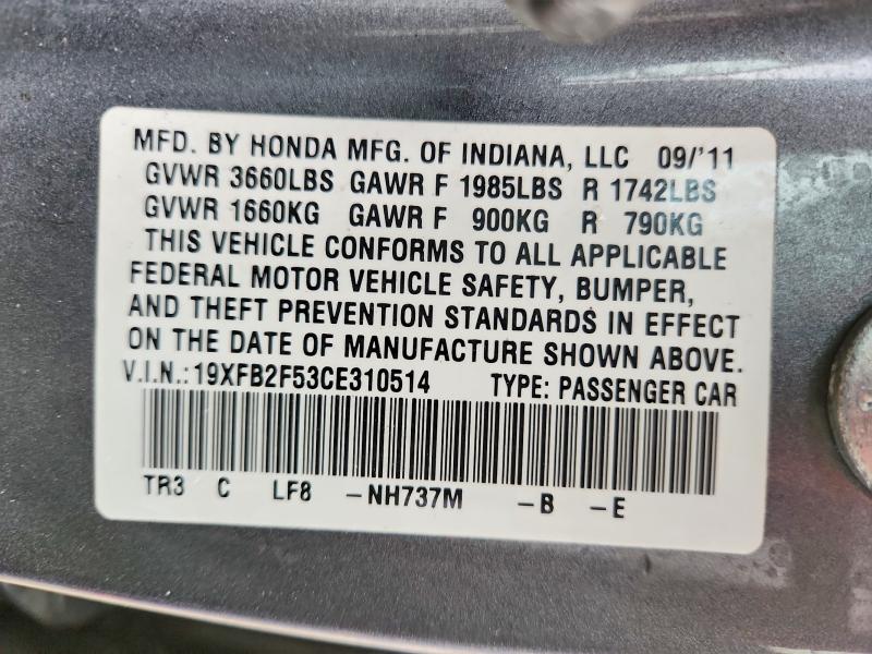 49395206 :رقم المزاد ، 19XFB2F53CE310514 vin ، 2012 Honda Civic مزاد بيع