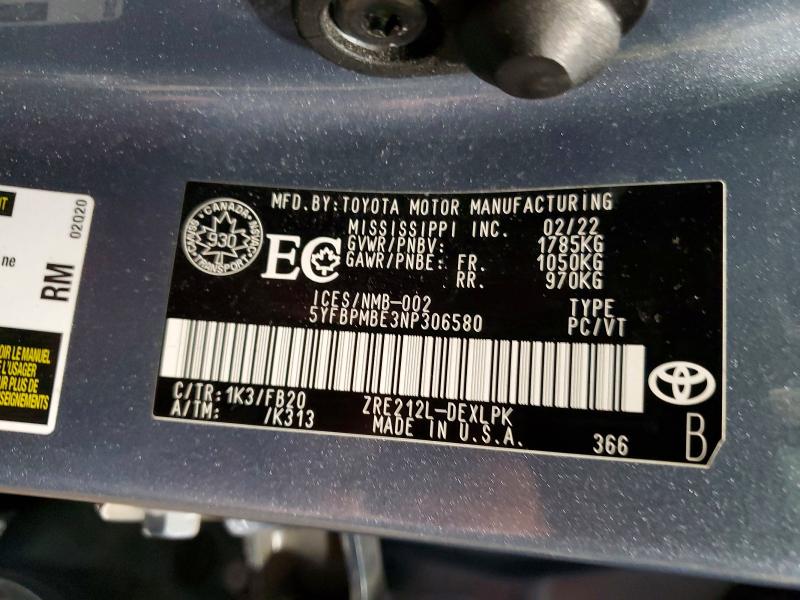 Aukcja sprzedaży 2022 Toyota Corolla, vin: 5YFBPMBE3NP306580, numer aukcji: 48402926