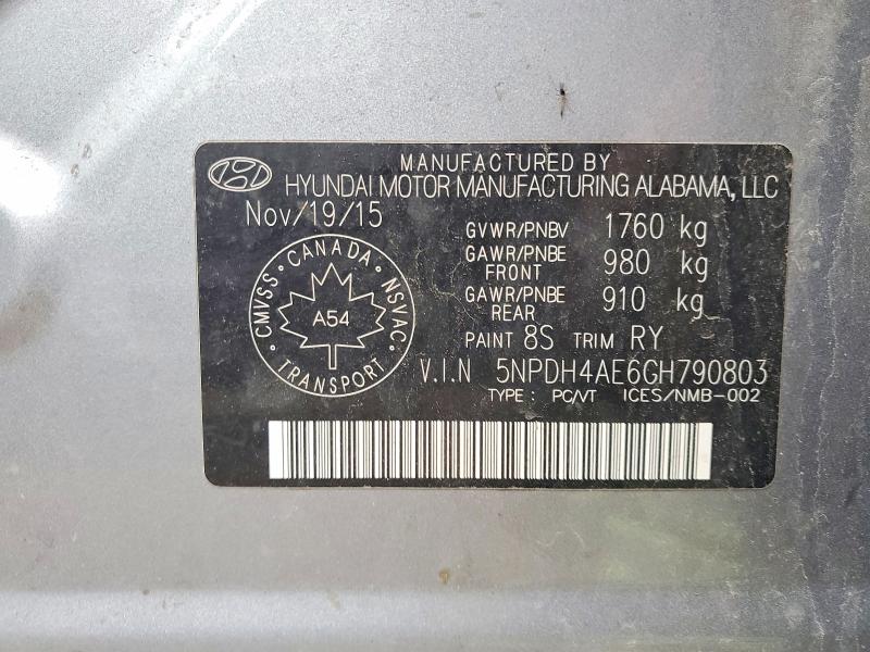 50255956 :رقم المزاد ، 5NPDH4AE6GH790803 vin ، 2016 Hyundai Elantra مزاد بيع
