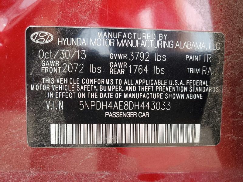50515216 :رقم المزاد ، 5NPDH4AE8DH443033 vin ، 2013 Hyundai Elantra مزاد بيع
