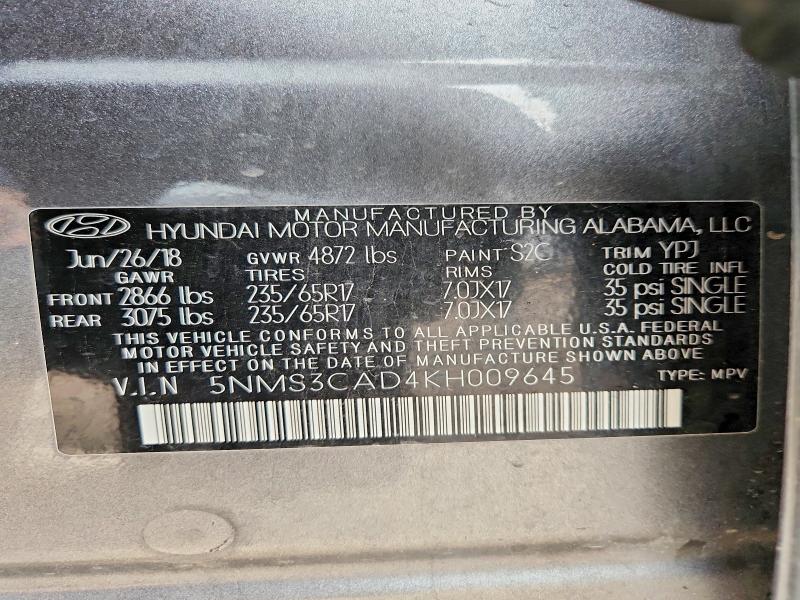 2019 Hyundai Santa Fe მანქანა იყიდება აუქციონზე, vin: 5NMS3CAD4KH009645, აუქციონის ნომერი: 47978086