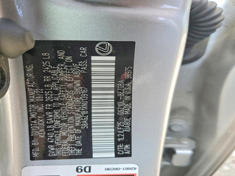 49366136 :رقم المزاد ، 58AGZ1B1XNU139167 vin ، 2022 Lexus Es 350 مزاد بيع