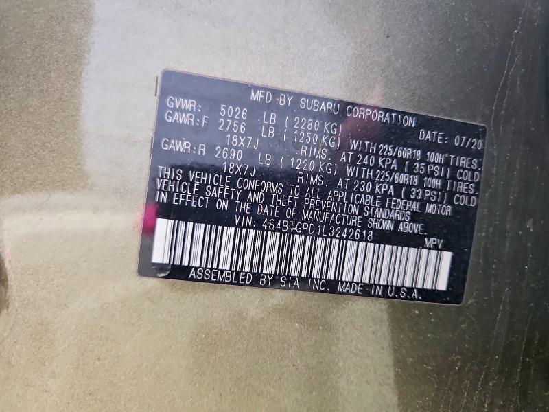 2020 Subaru Outback მანქანა იყიდება აუქციონზე, vin: 4S4BTGPD1L3242618, აუქციონის ნომერი: 50923676
