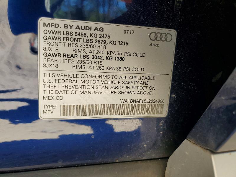 2018 Audi Q5 მანქანა იყიდება აუქციონზე, vin: WA1BNAFY5J2024906, აუქციონის ნომერი: 50810156