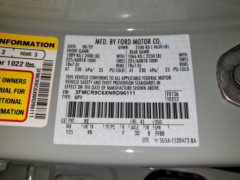 Продаж на аукціоні авто 2022 Ford Bronco Sport, vin: 3FMCR9C6XNRD96111, номер лоту: 50620996