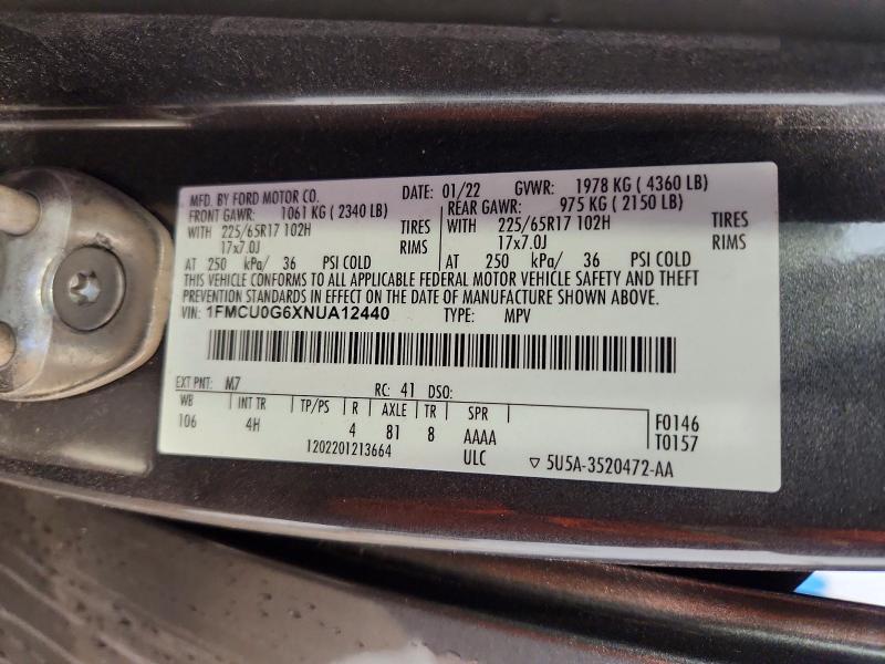 50799896 :رقم المزاد ، 1FMCU0G6XNUA12440 vin ، 2022 Ford Escape مزاد بيع