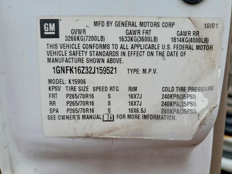 2002 Chevrolet Suburban მანქანა იყიდება აუქციონზე, vin: 1GNFK16Z32J159521, აუქციონის ნომერი: 49805506