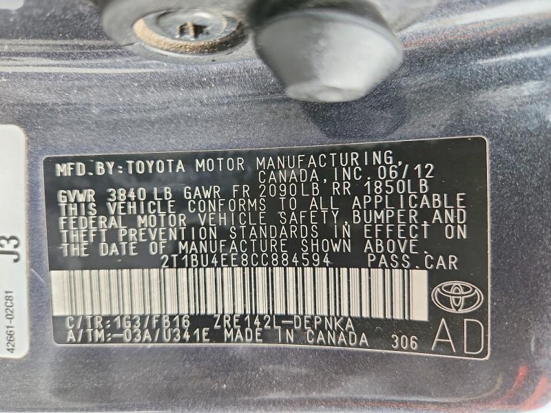 Продажа на аукционе авто 2012 Toyota Corolla, vin: 2T1BU4EE8CC884594, номер лота: 48833256