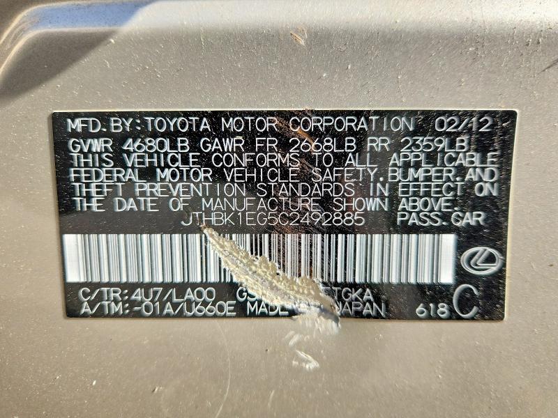 51041406 :رقم المزاد ، JTHBK1EG5C2492885 vin ، 2012 Lexus Es مزاد بيع