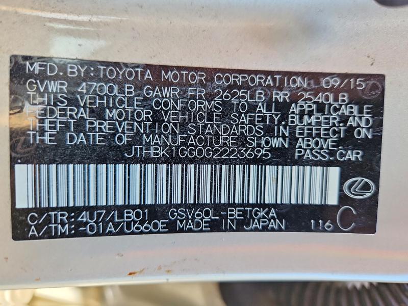 51270276 :رقم المزاد ، JTHBK1GG0G2223695 vin ، 2016 Lexus Es مزاد بيع