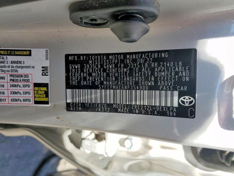 49057266 :رقم المزاد ، 5YFEPMAE6NP354900 vin ، 2022 Toyota Corolla مزاد بيع
