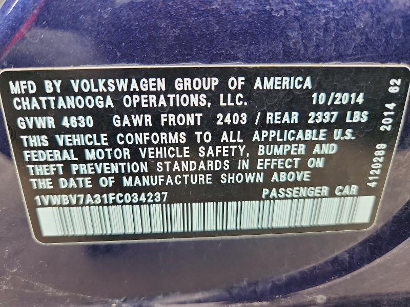 51675146 :رقم المزاد ، 1VWBV7A31FC034237 vin ، 2015 Volkswagen Passat مزاد بيع