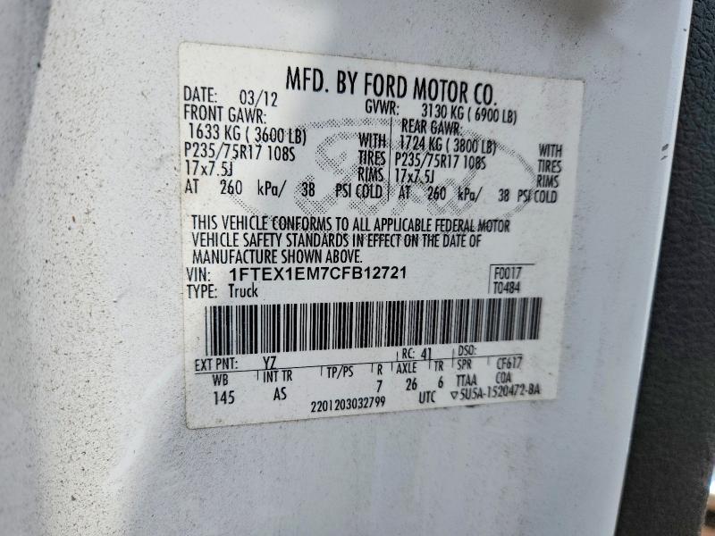 Aukcja sprzedaży 2012 Ford F150, vin: 1FTEX1EM7CFB12721, numer aukcji: 51607966