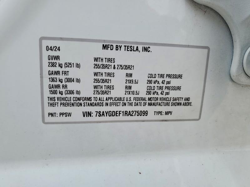 2024 Tesla Model Y მანქანა იყიდება აუქციონზე, vin: 7SAYGDEF1RA275099, აუქციონის ნომერი: 48695466