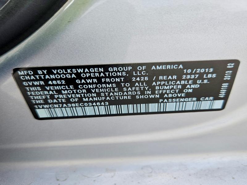 49438826 :رقم المزاد ، 1VWCN7A38EC034643 vin ، 2014 Volkswagen Passat مزاد بيع