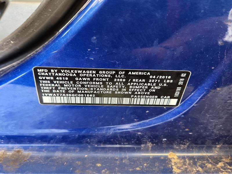48272566 :رقم المزاد ، 1VWAT7A35GC051562 vin ، 2016 Volkswagen Passat مزاد بيع