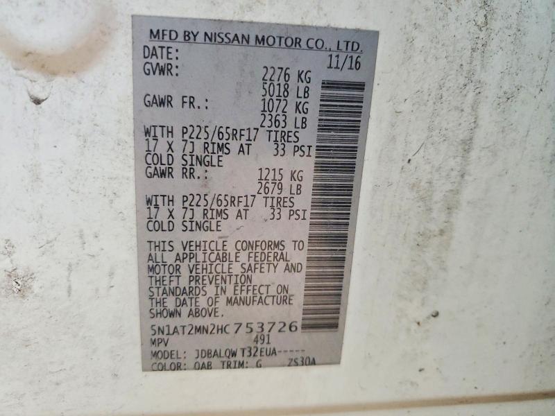 50023916 :رقم المزاد ، 5N1AT2MN2HC753726 vin ، 2017 Nissan Rogue مزاد بيع