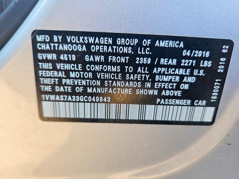 48095666 :رقم المزاد ، 1VWAS7A33GC049943 vin ، 2016 Volkswagen Passat مزاد بيع