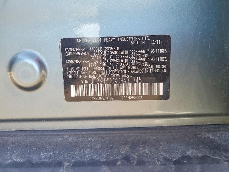 50220806 :رقم المزاد ، JF2SHBDCXCH431745 vin ، 2012 Subaru Forester مزاد بيع
